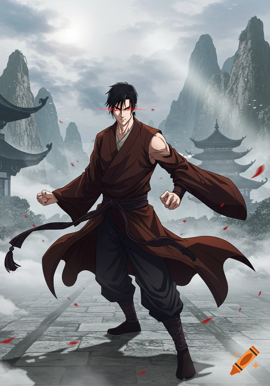 Anime style martial artist in a brown robe with red eyes, standing in a mountainous landscape with pagodas.