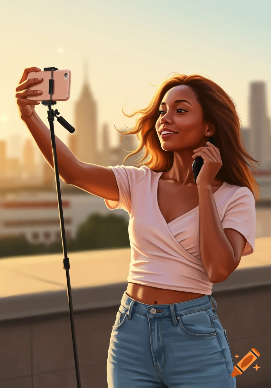 A young woman takes a selfie with a phone on a monopod against a city skyline at sunset in an illustrated style.