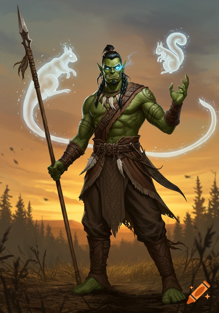 Green-skinned half-orc warrior with glowing blue eyes, holding a spear, and accompanied by two glowing squirrel spirits in a forest at sunset.