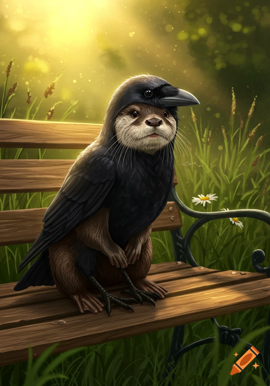 An otter in a crow disguise sits on a park bench in a sun-dappled grassy park, illustrated.