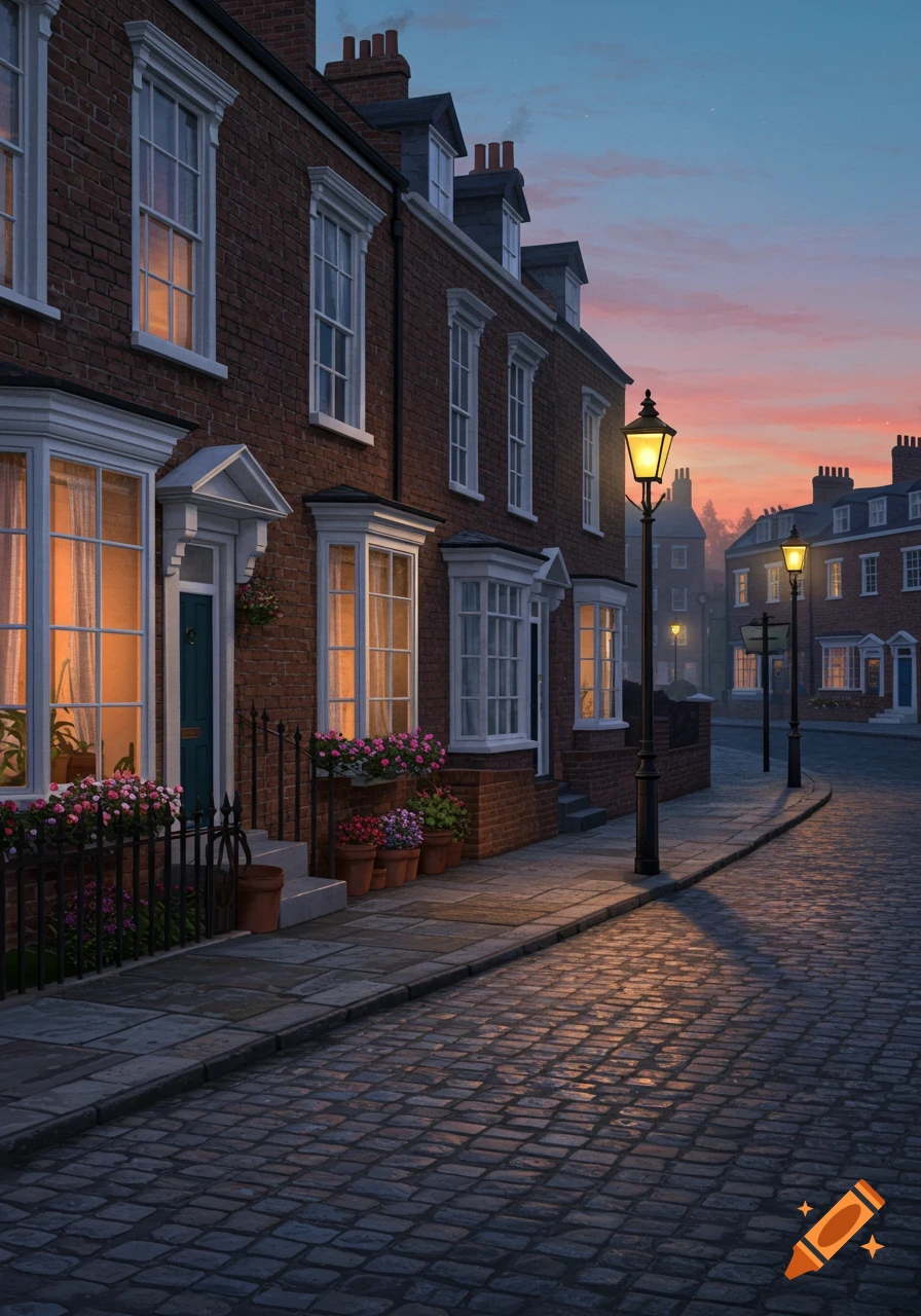 A charming cobblestone street lined with brick houses and glowing windows at sunset, illuminated by street lamps.