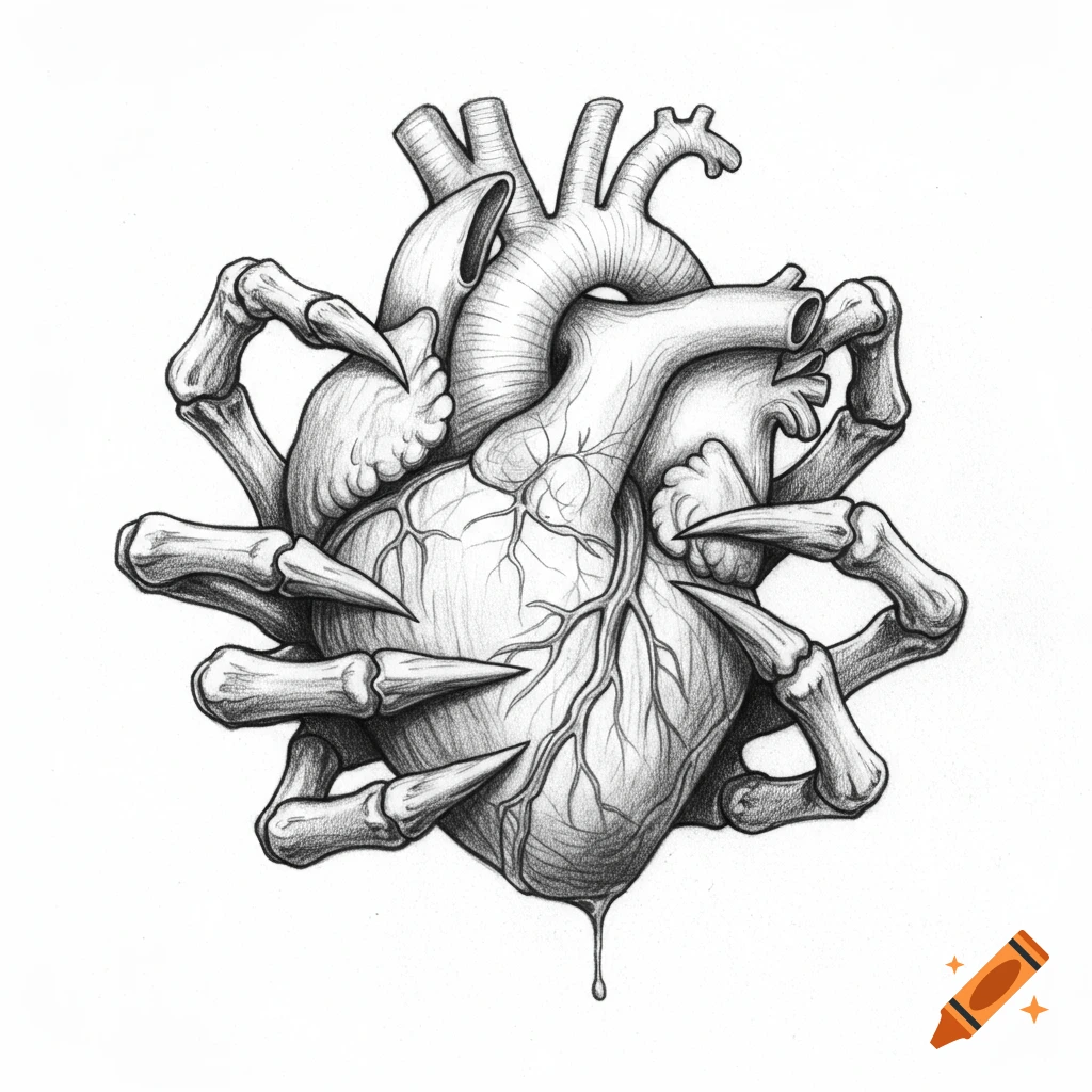 Pencil drawing of an anatomical heart clutched by skeletal hands, with a single drop of liquid.