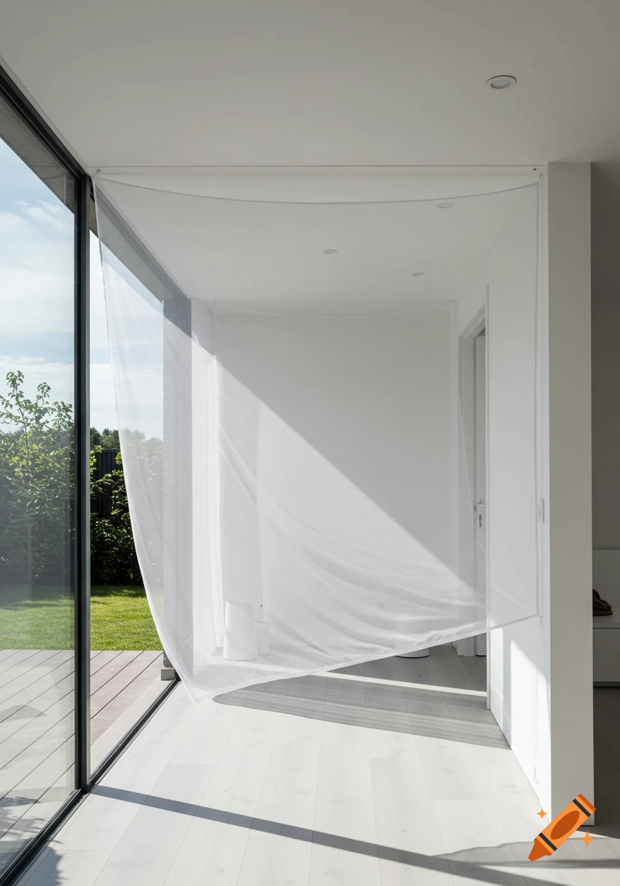 Modern room with a sheer white curtain billowing from a large glass window, overlooking a green lawn.