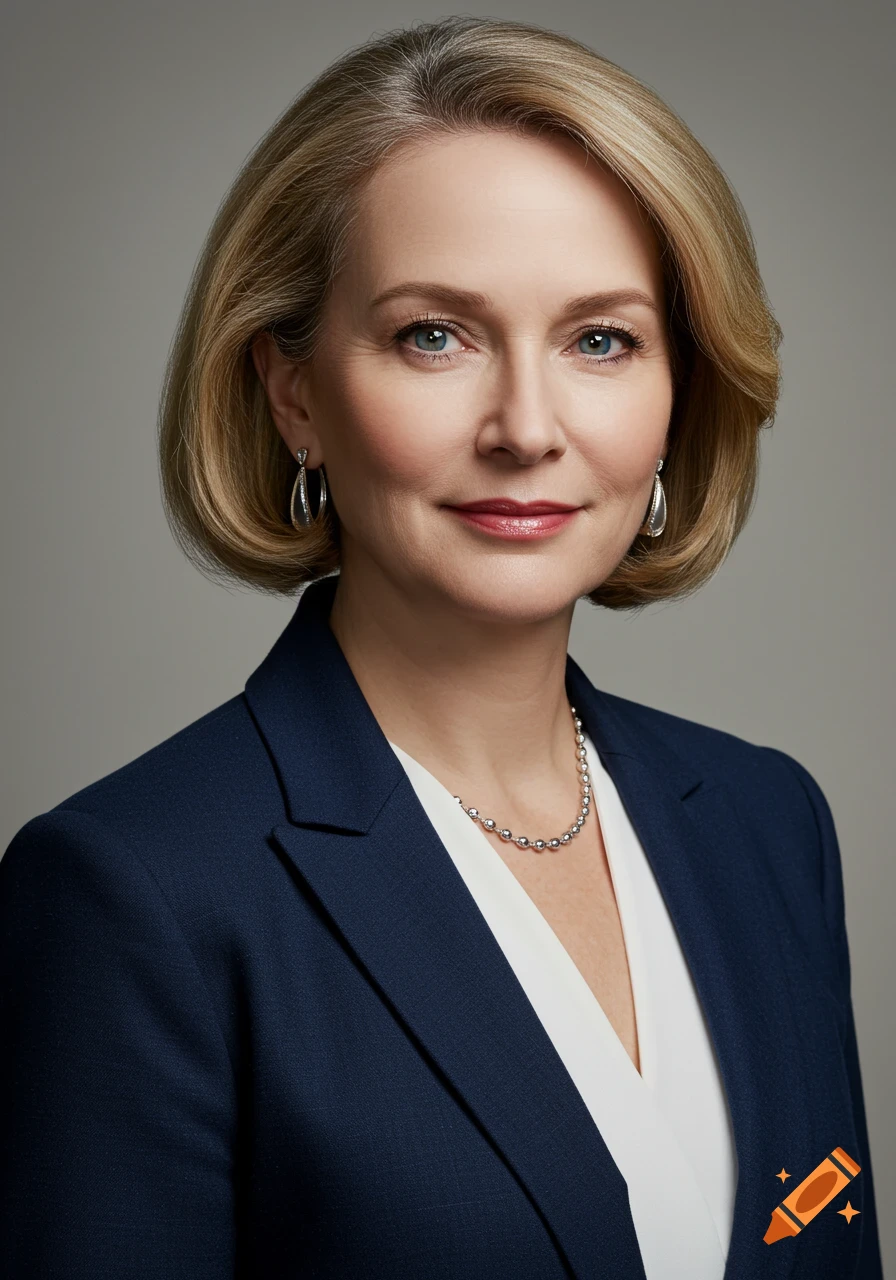 A professional blonde woman in a navy suit and white shirt, wearing a beaded necklace and earrings, looking directly at the viewer in a corporate portrait.