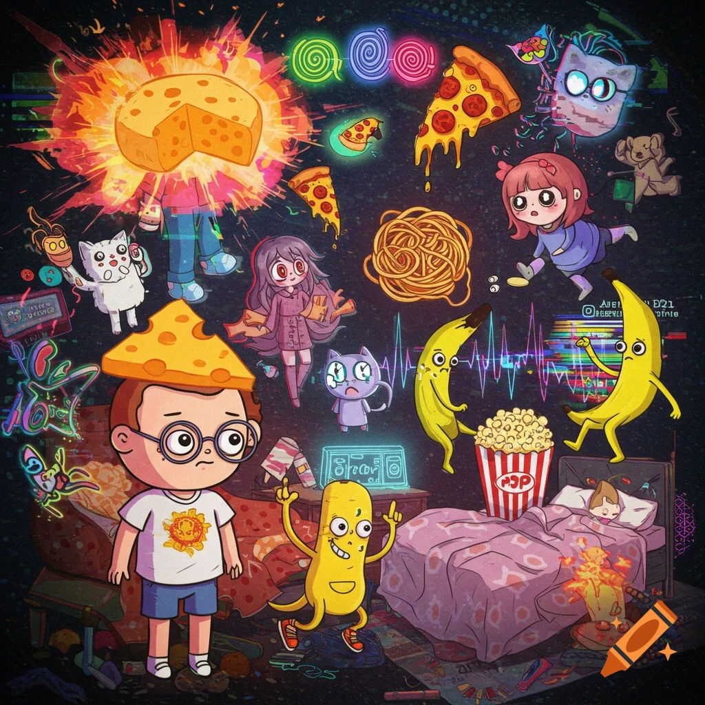 A vibrant, chaotic cartoon scene featuring a person with a cheese hat, glowing cheese, pizza slices, dancing bananas, various cats, and a sleeping figure in a bed, all against a glitchy, dark background.