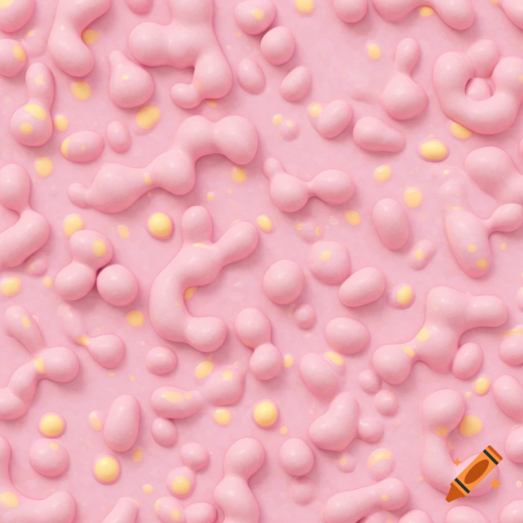 Textured baby pink plasticine seamless pattern with organic bumps, worm-like shapes, and yellow spots.
