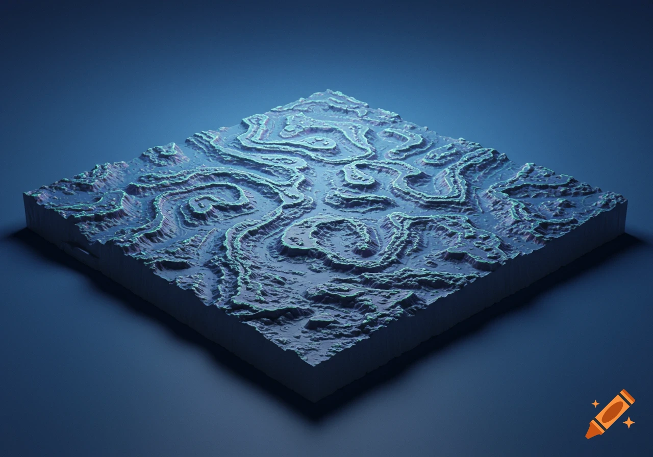 3D isometric rendering of a textured, undulating surface in blue and green hues, resembling a topographical map.
