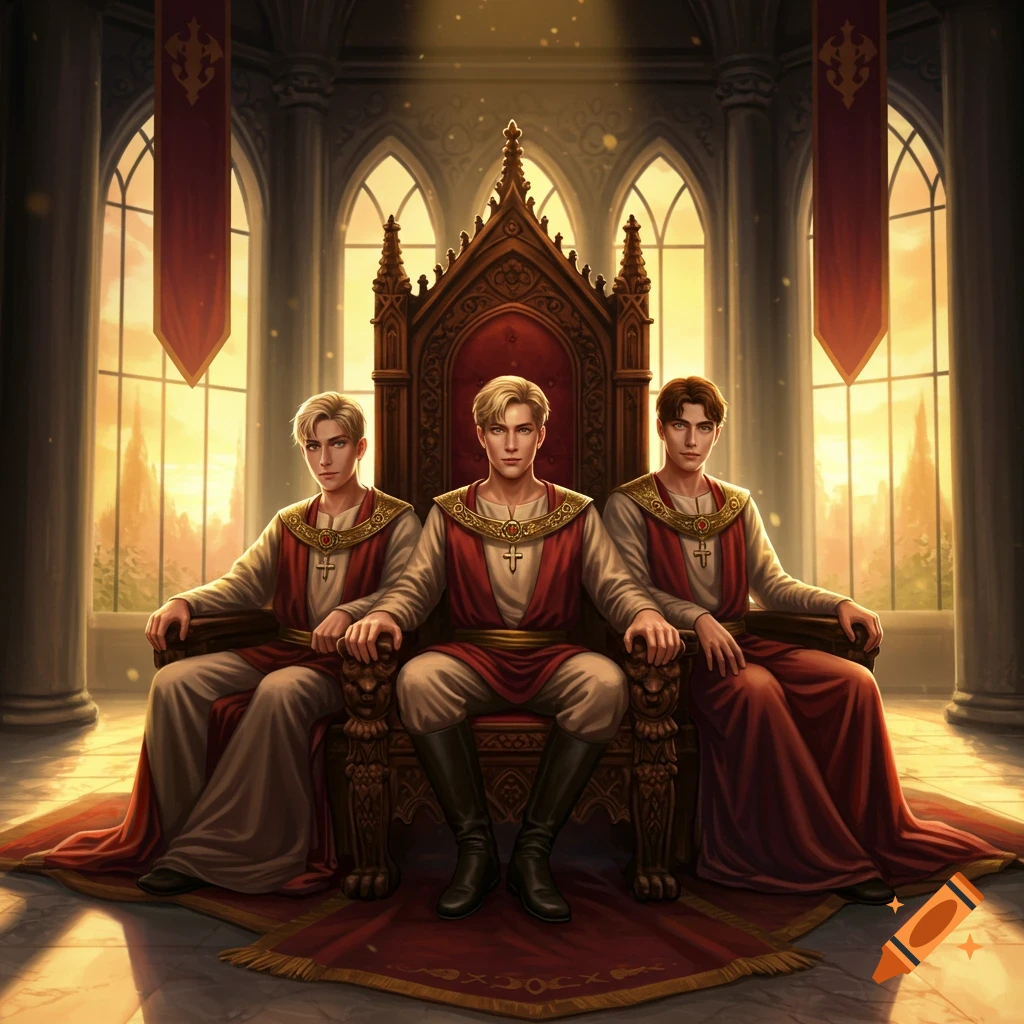 Three young men in red and white tunics with gold trim sit on ornate wooden thrones in a grand hall, bathed in golden light.
