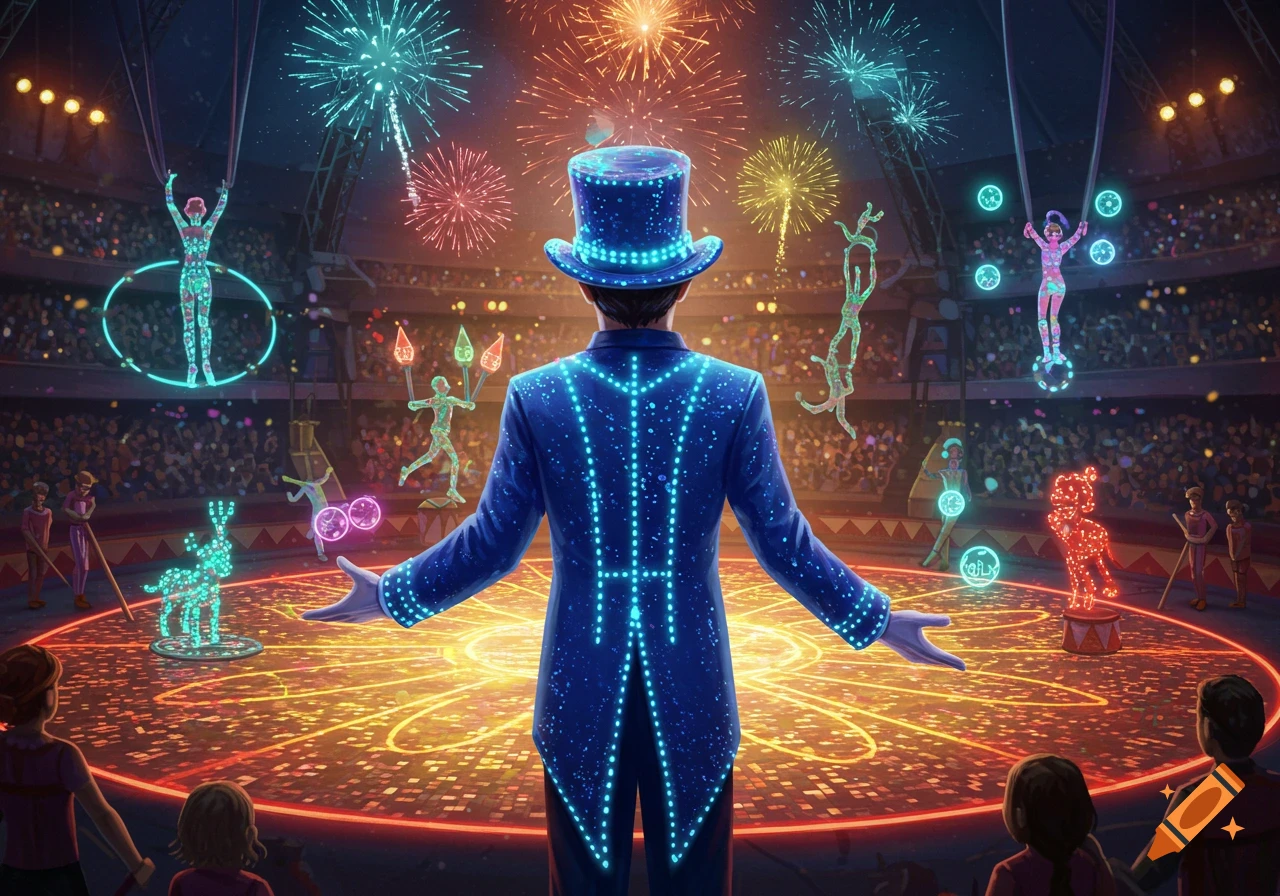 Ringmaster in a glowing blue suit with a top hat facing a circus ring filled with glowing performers and animals, under fireworks.