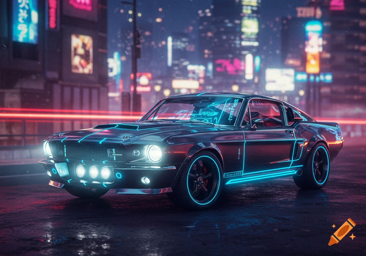 A dark cyberpunk muscle car, resembling a 1967 Shelby GT500, with glowing blue neon accents, parked on a wet street in a futuristic city at night, under neon signs.