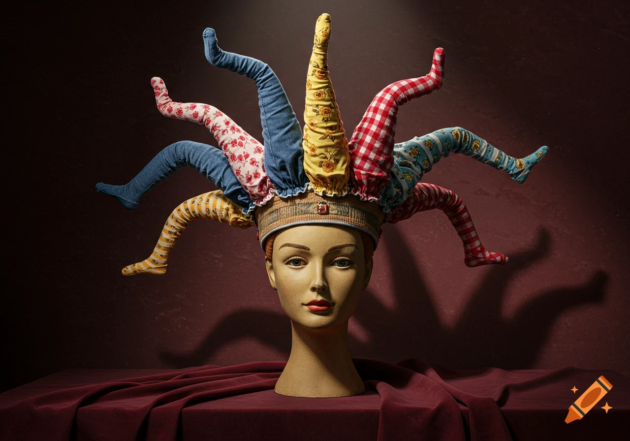 Mannequin head wearing a jester-like crown made of colorful fabric legs with various patterns, on a dark red background.