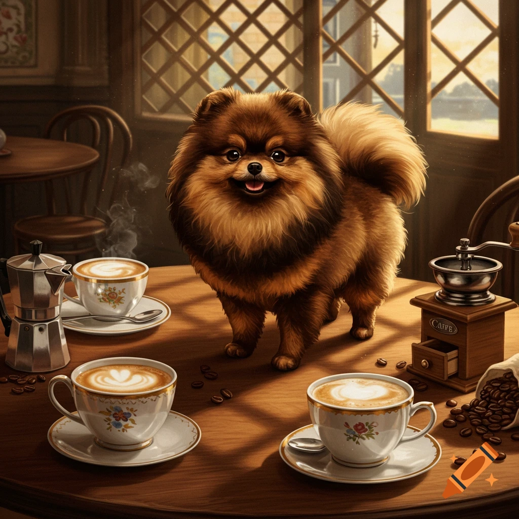 A fluffy Pomeranian dog stands on a wooden cafe table with three cups of coffee, a moka pot, and a coffee grinder.