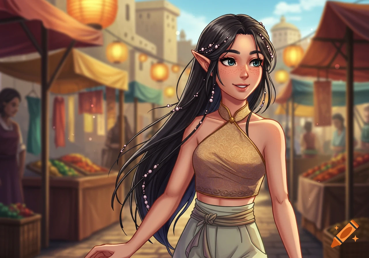 Anime elf girl with black hair and freckles smiles in a bustling market, wearing an ornate top.