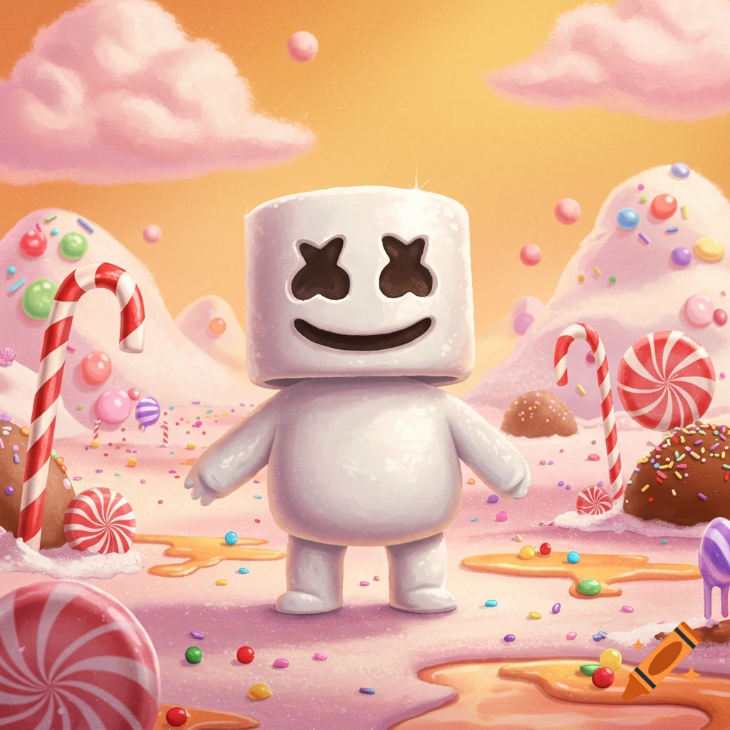 A cute Marshmallow Man character stands in a colorful, whimsical candy land with candy canes, lollipops, and syrup puddles.