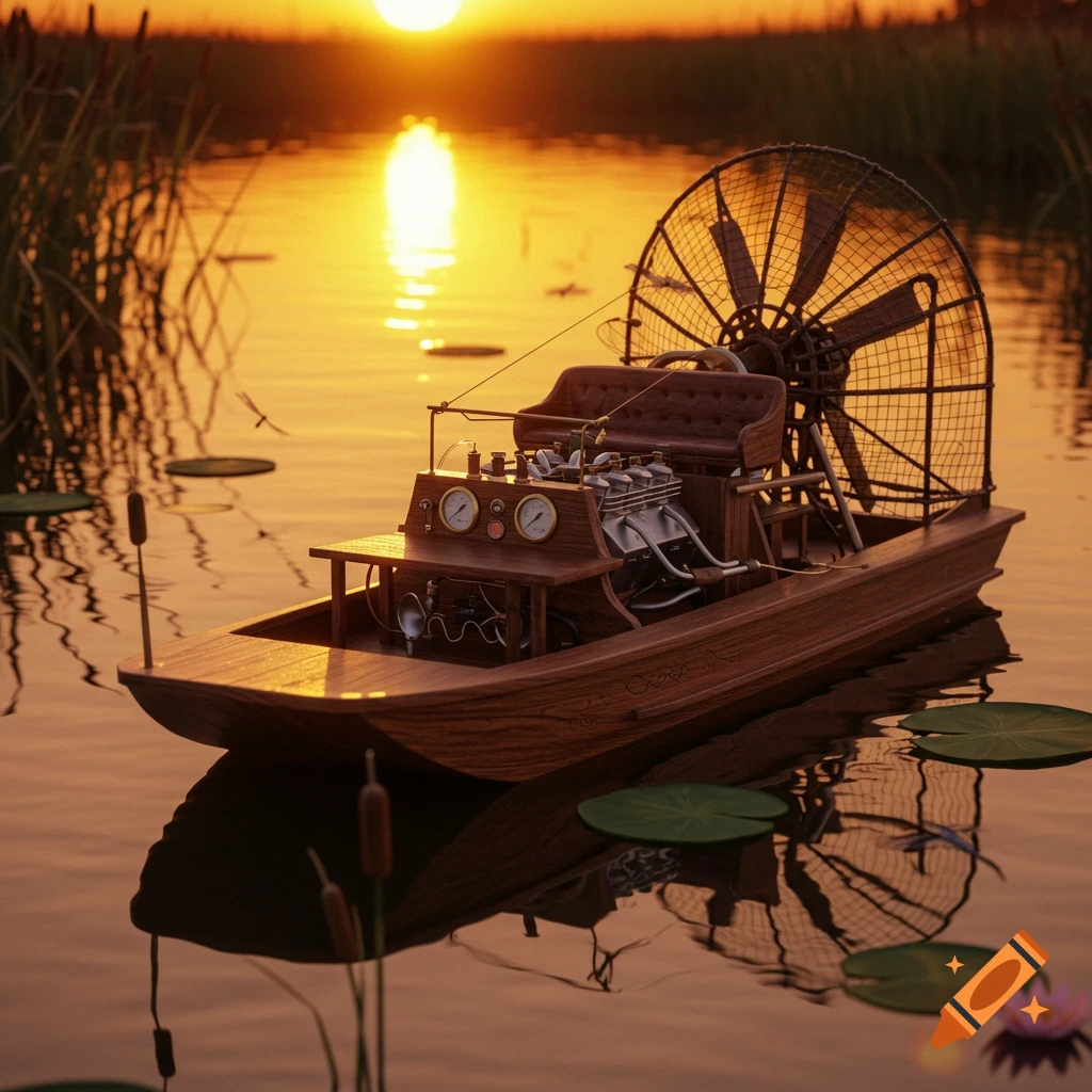 A photorealistic model airboat floats on calm water with lily pads and reeds, bathed in the orange glow of a sunset.