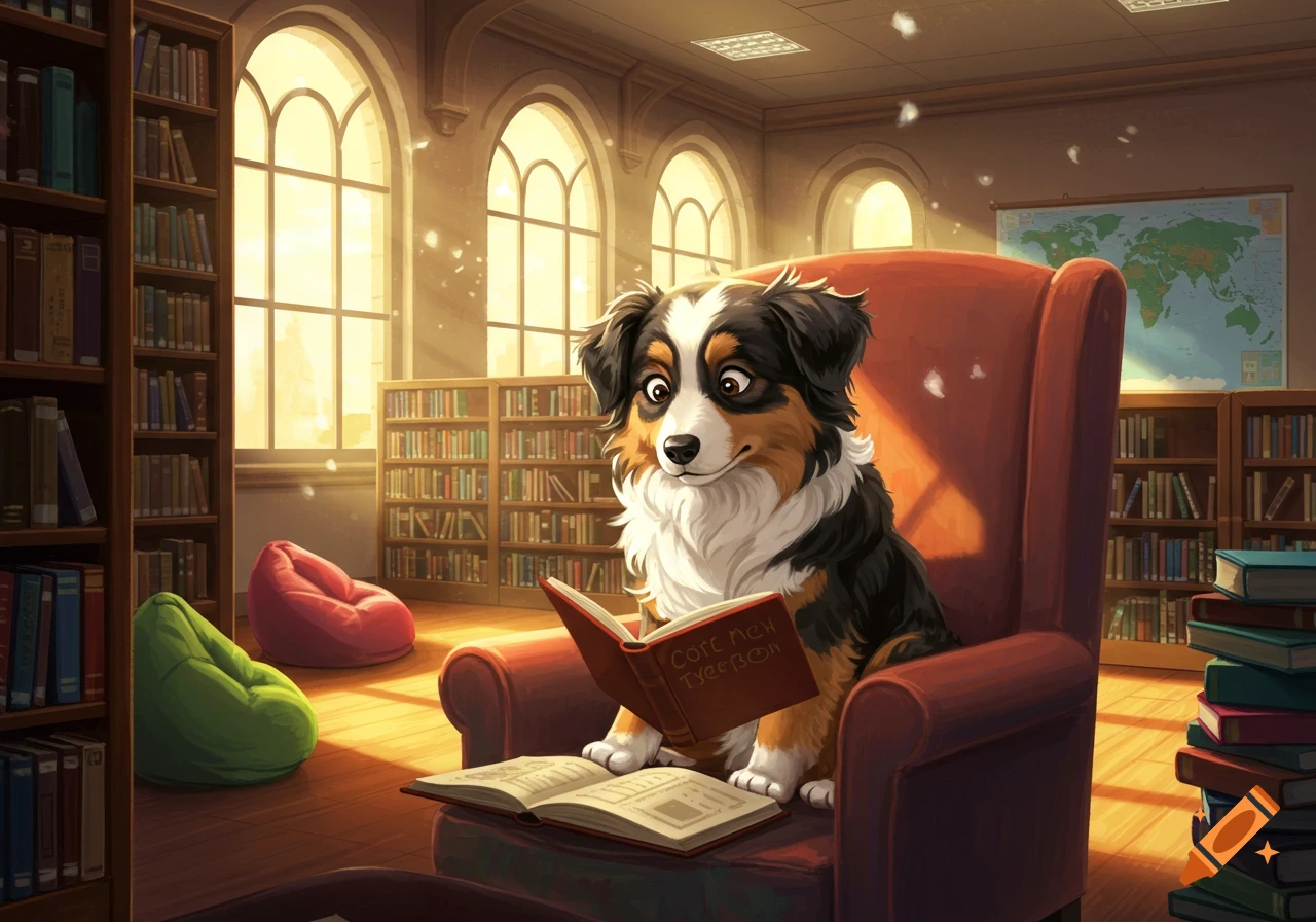 A cartoon Australian Shepherd dog sits in a red armchair in a sunlit library, reading a book.