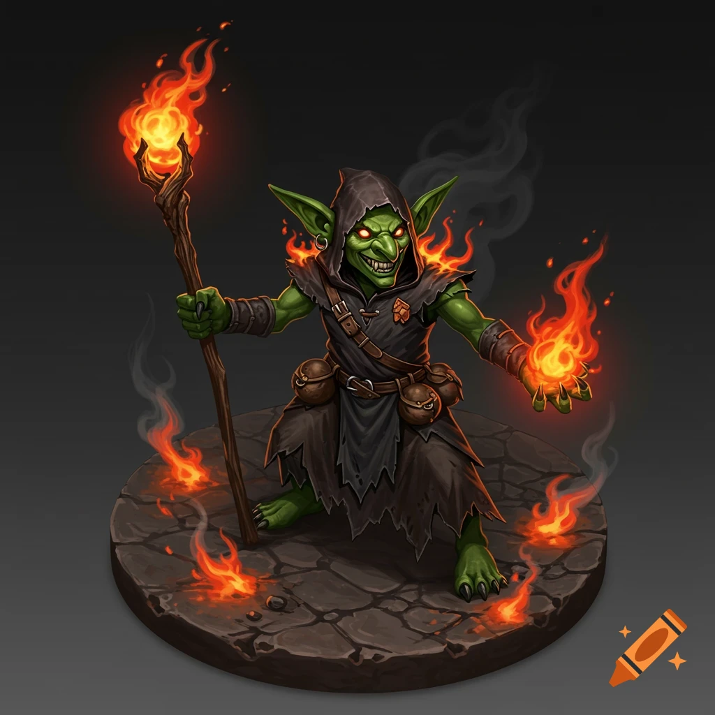 A green goblin fire mage in a dark robe on a stone base, holding a flaming staff and conjuring fire. Illustration.