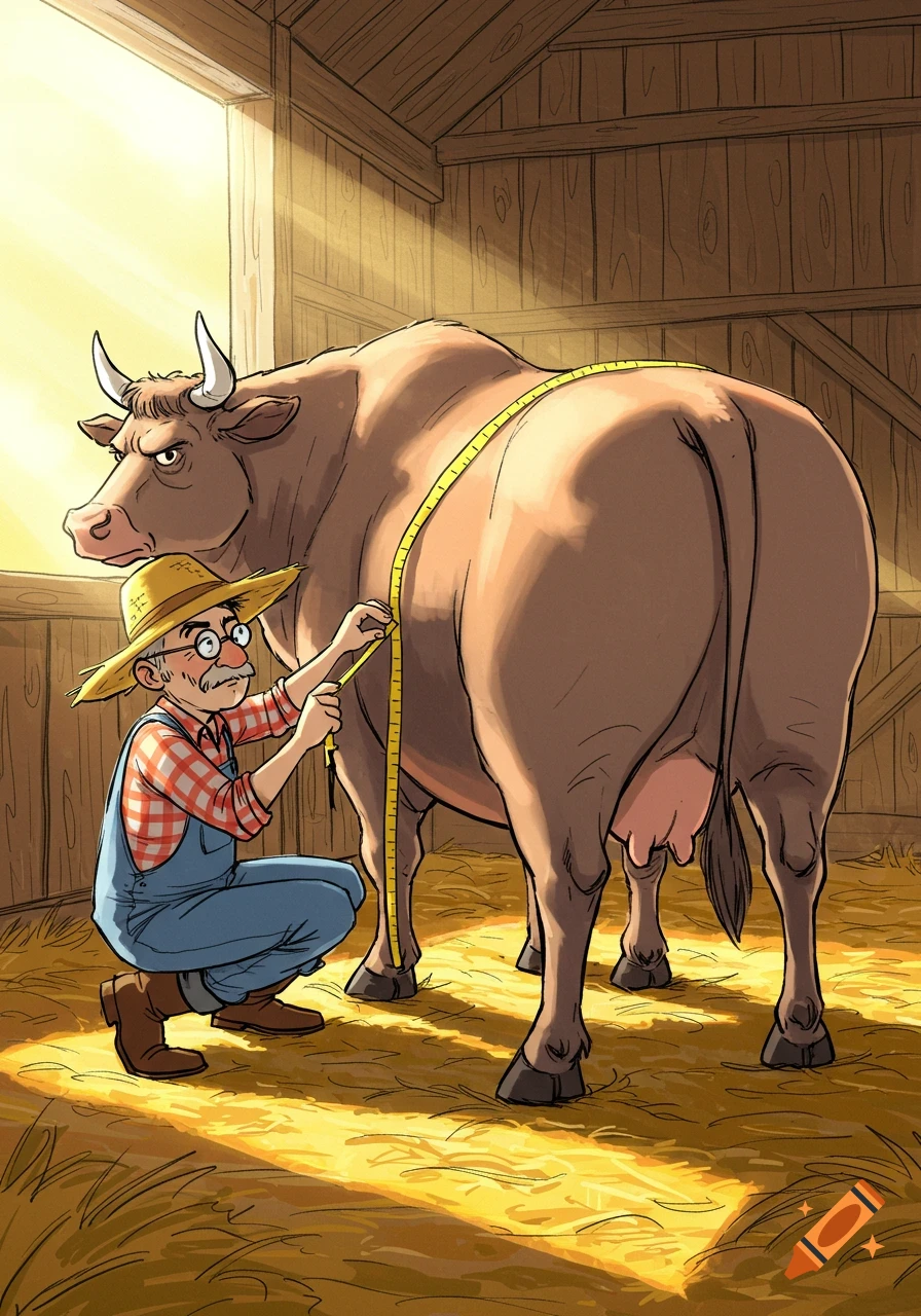 A cartoon farmer crouches in a sunny barn, measuring the rear of a large, unimpressed brown cow with a yellow tape measure.