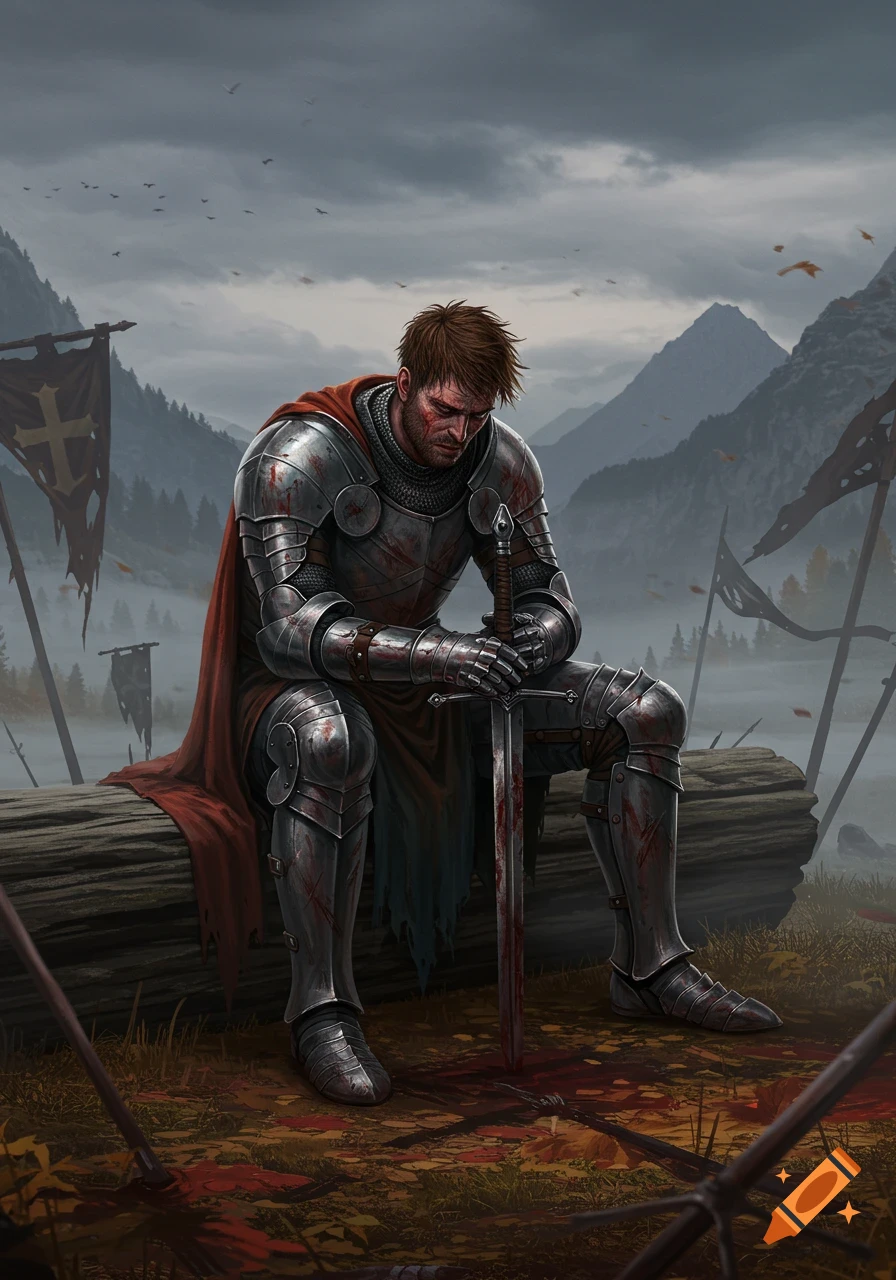 A weary, bloodied knight in full armor sits on a log, holding his sword, after a battle. Dark, misty mountains and tattered flags.