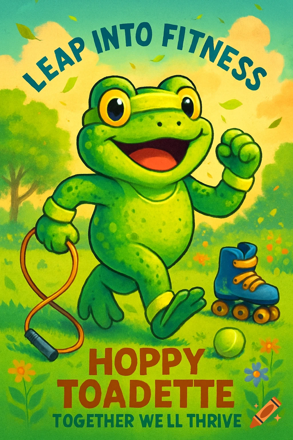 A cheerful cartoon frog, Hoppy Toadette, holds a jump rope in a vibrant park setting. A roller skate and tennis ball are nearby. Text reads "LEAP INTO FITNESS", "HOPPY TOADETTE", and "TOGETHER WE LL THRIVE".