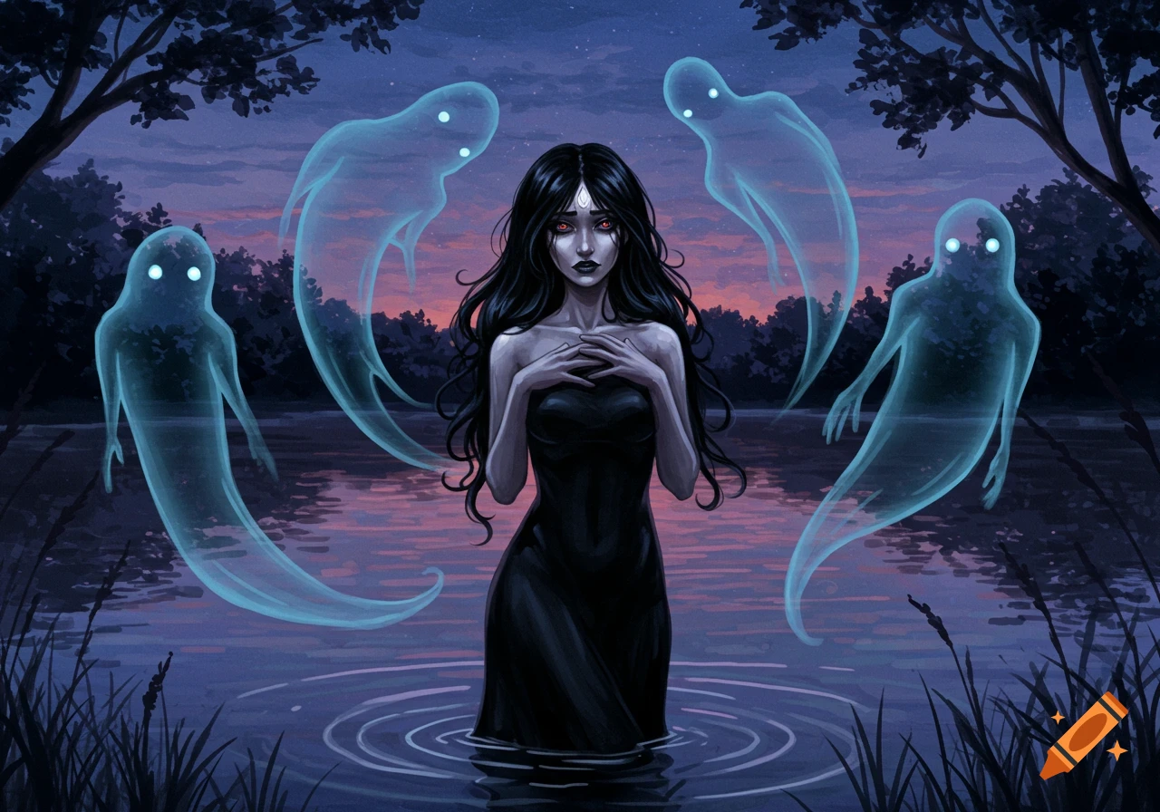 A dark-haired woman with red eyes stands in water at night, surrounded by four glowing blue ghostly figures in a dark fantasy illustration.