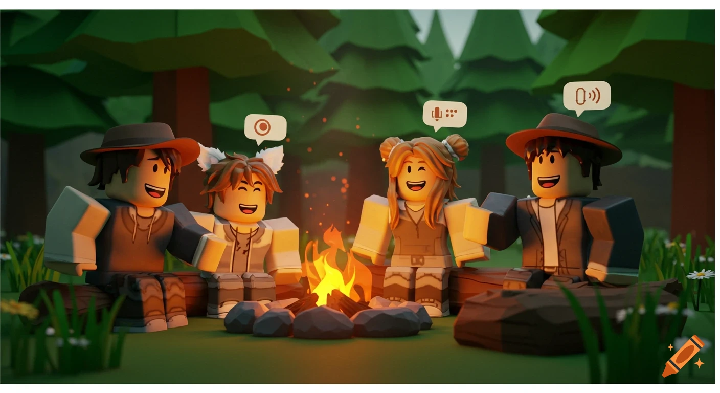 Four Roblox-style characters sit around a glowing campfire in a cozy forest at dusk, with chat icons above their heads.