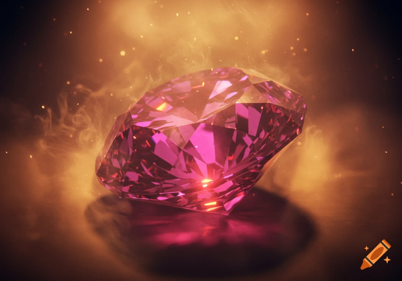 A vibrant, faceted pink and purple diamond glows intensely amidst a smoky, sparkling background.