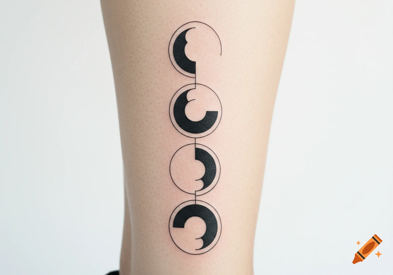 Minimalist black tattoo of four vertically aligned abstract circular designs on a leg.