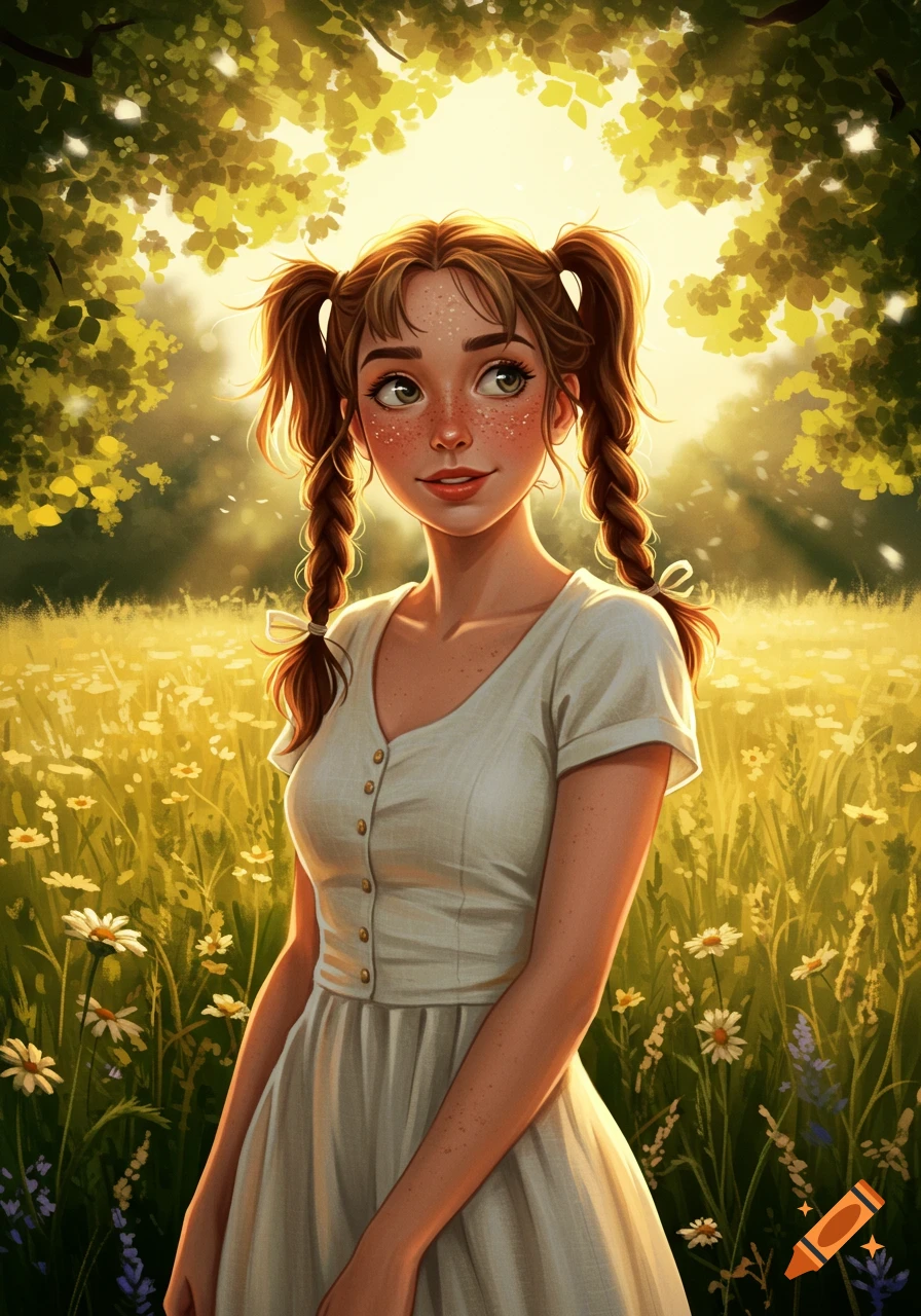 An illustrated portrait of a young woman with pigtails and freckles, standing in a sunny field of flowers under trees.