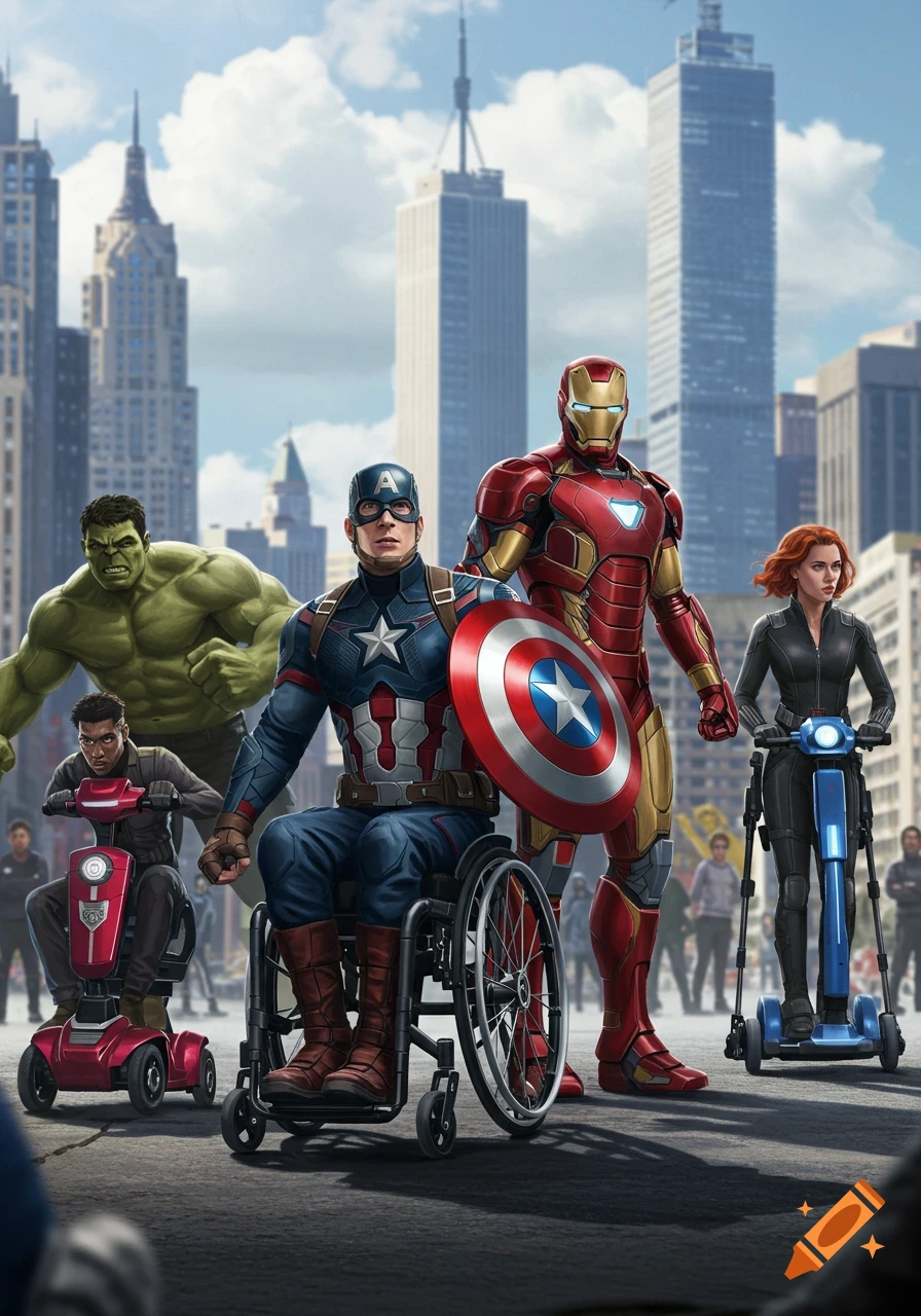 Captain America in a wheelchair, Iron Man, Hulk, and Black Widow on mobility scooters on a city street with skyscrapers.