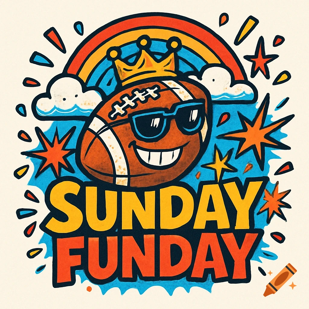 Cartoon logo of a football wearing sunglasses and a crown, with a rainbow and stars, above 'SUNDAY FUNDAY' text.