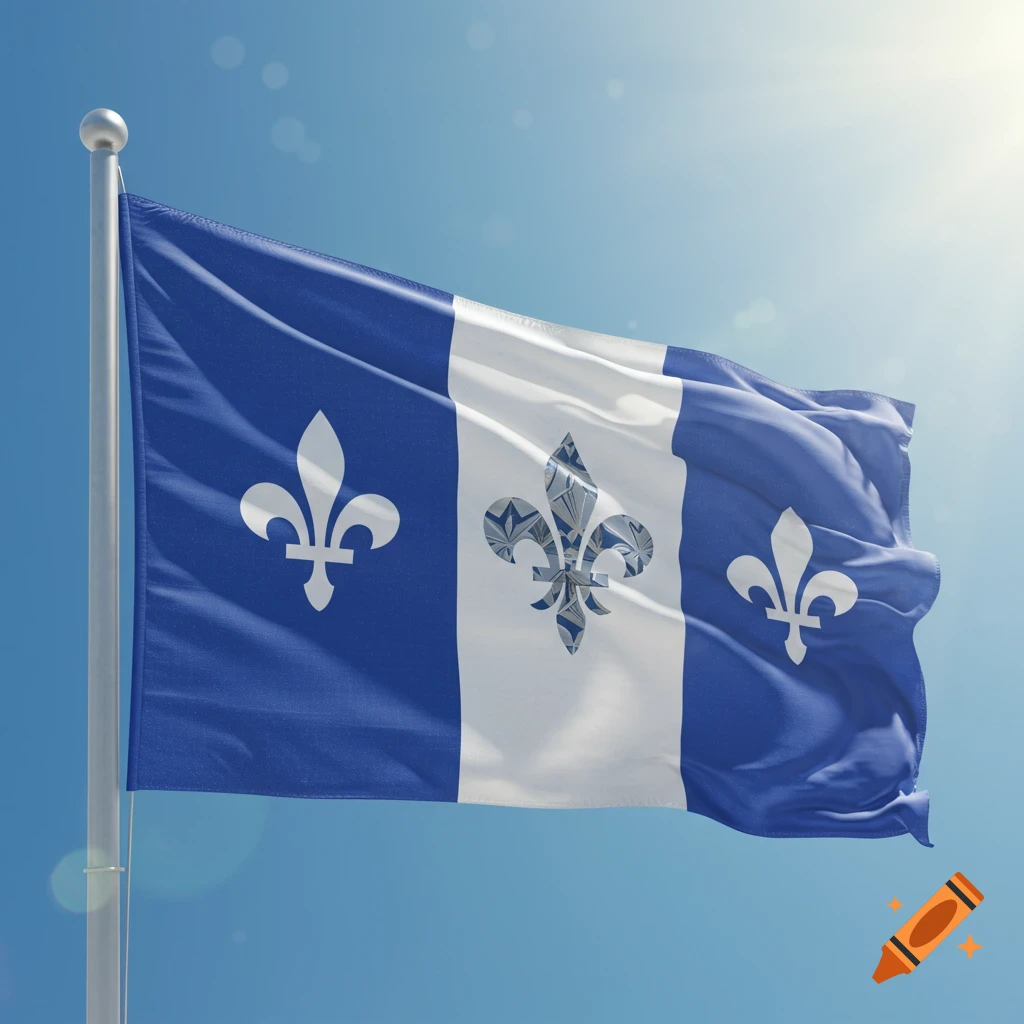 The Quebec flag, blue with a white cross and four white fleur-de-lis, flies against a clear blue sky, with the central fleur-de-lis appearing metallic and faceted.