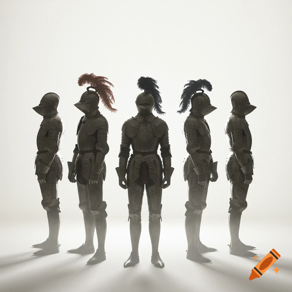 Five armored knights stand in a row, some in profile, against a bright white background.