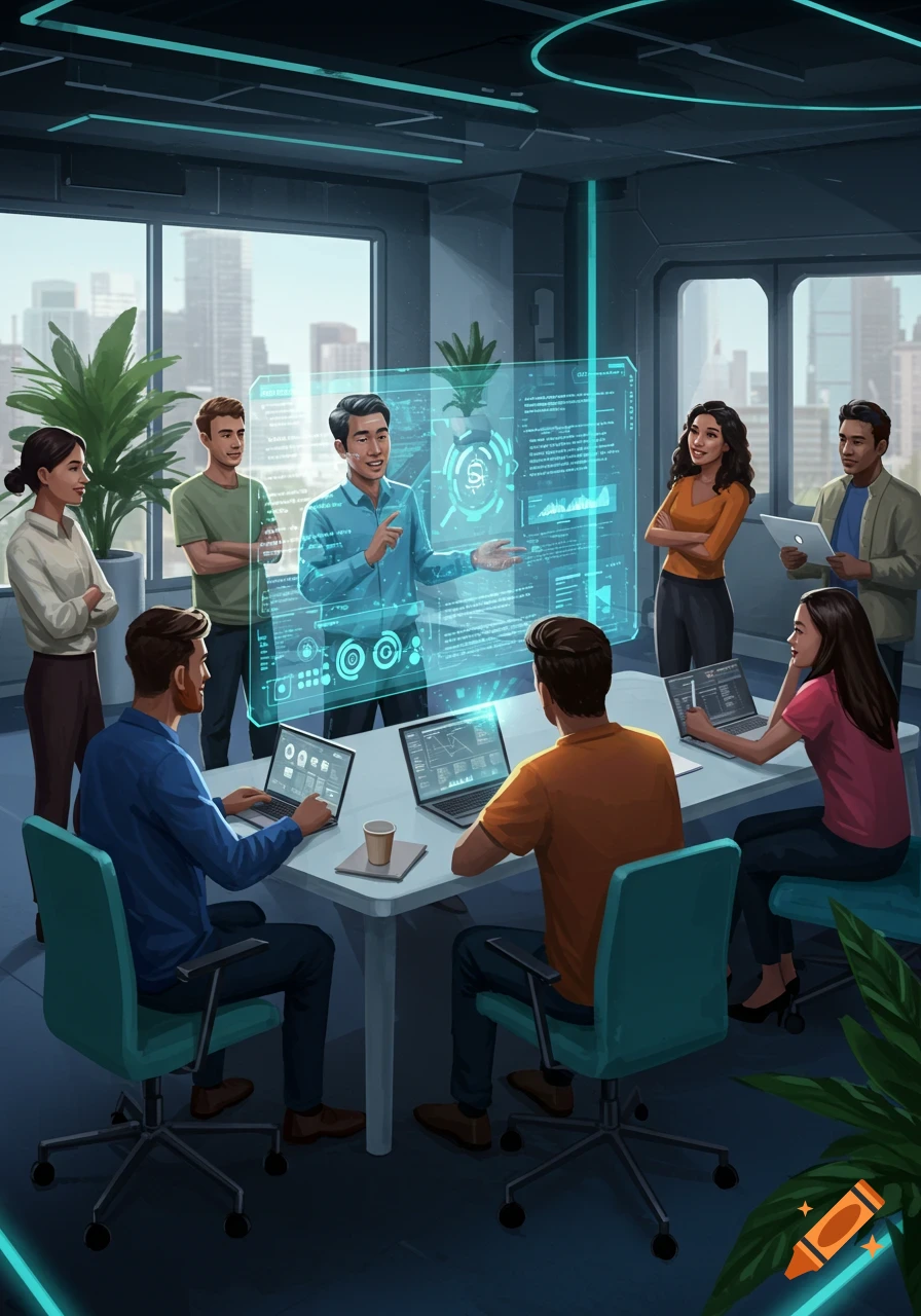 A group of diverse professionals having a business meeting in a modern office, gathered around a table with laptops and a large holographic display.