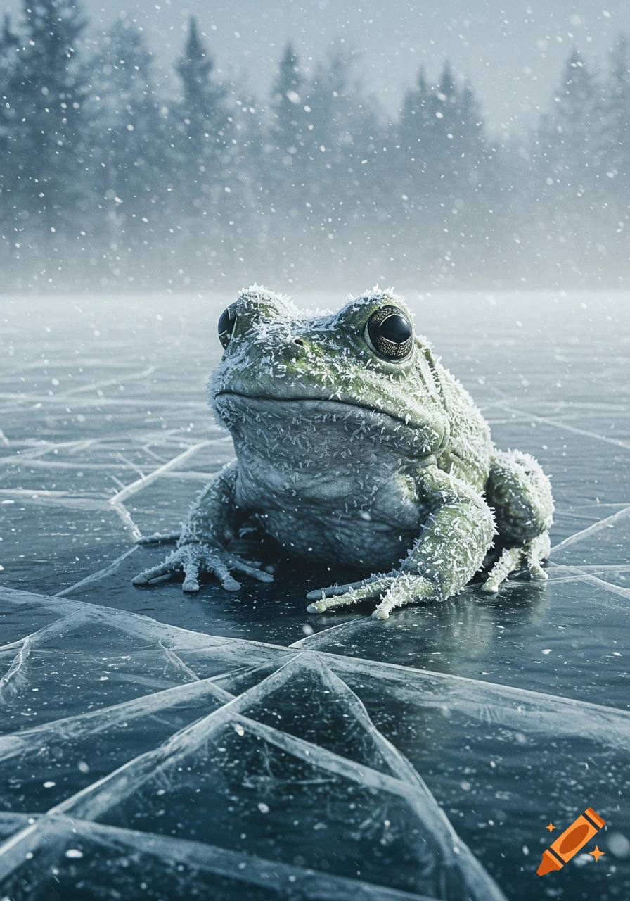 A realistic frog covered in frost sits on cracked ice, with snow falling and icy trees in the background.