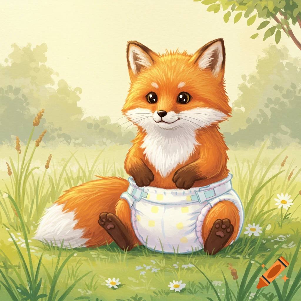 A cute, orange cartoon baby fox wearing a white diaper sits in a grassy field with small white flowers.