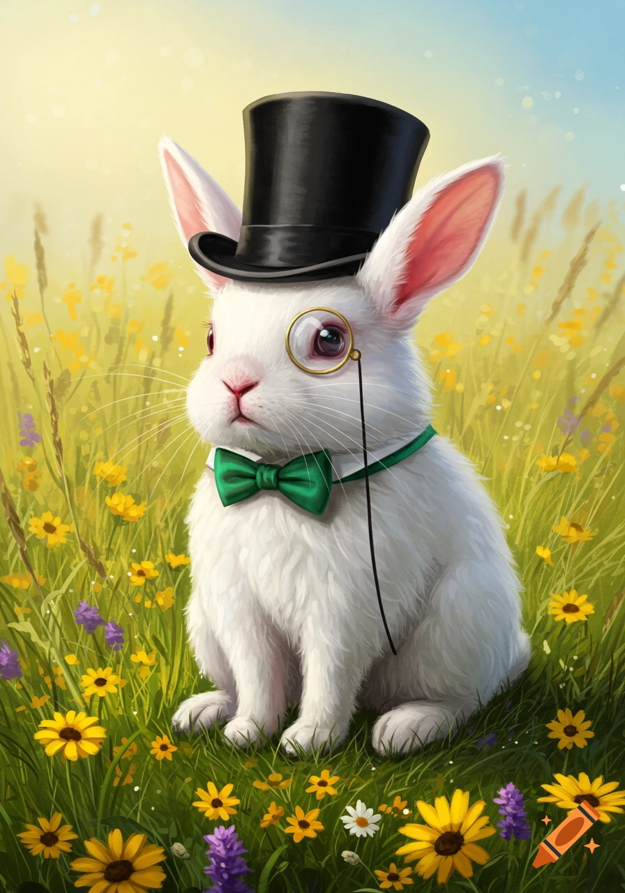 A white bunny wearing a black top hat, green bow tie, and a monocle sits in a field of yellow and purple wildflowers.