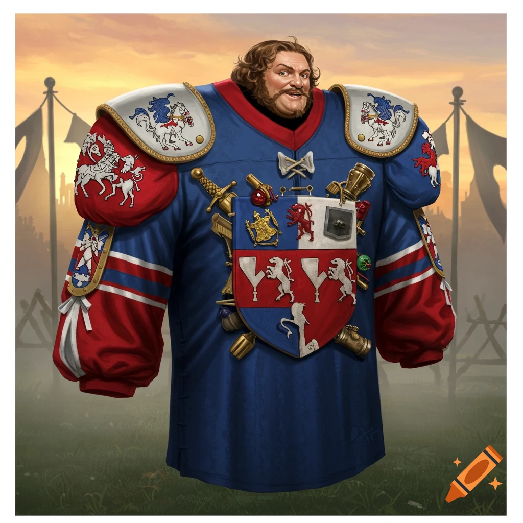 A smiling, bearded man in an oversized blue and red medieval-style football jersey with heraldic shields, standing in a field at sunset.