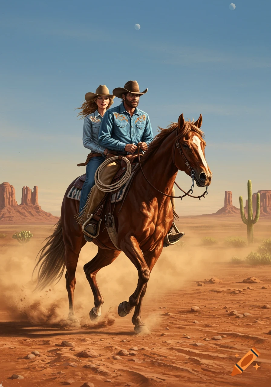 A cowboy and cowgirl ride a horse through a dusty desert landscape with mesas and cacti under a clear sky.