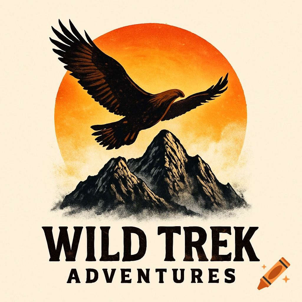 Logo featuring an eagle flying over mountains with a setting sun, above the text Wild Trek Adventures in a vintage style.