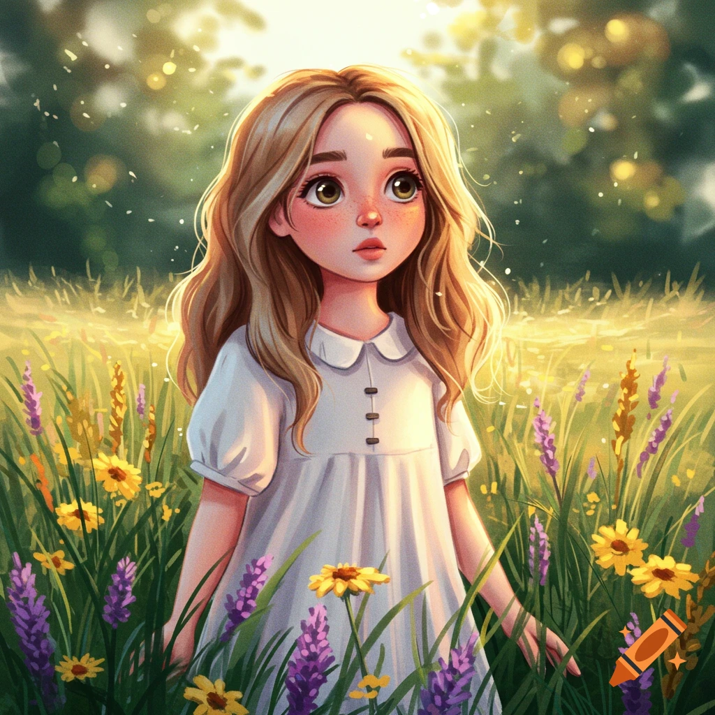 A charming cartoon illustration of a young girl with long blonde hair and freckles, wearing a white dress, standing in a field of colorful flowers under a bright, dreamy sky.