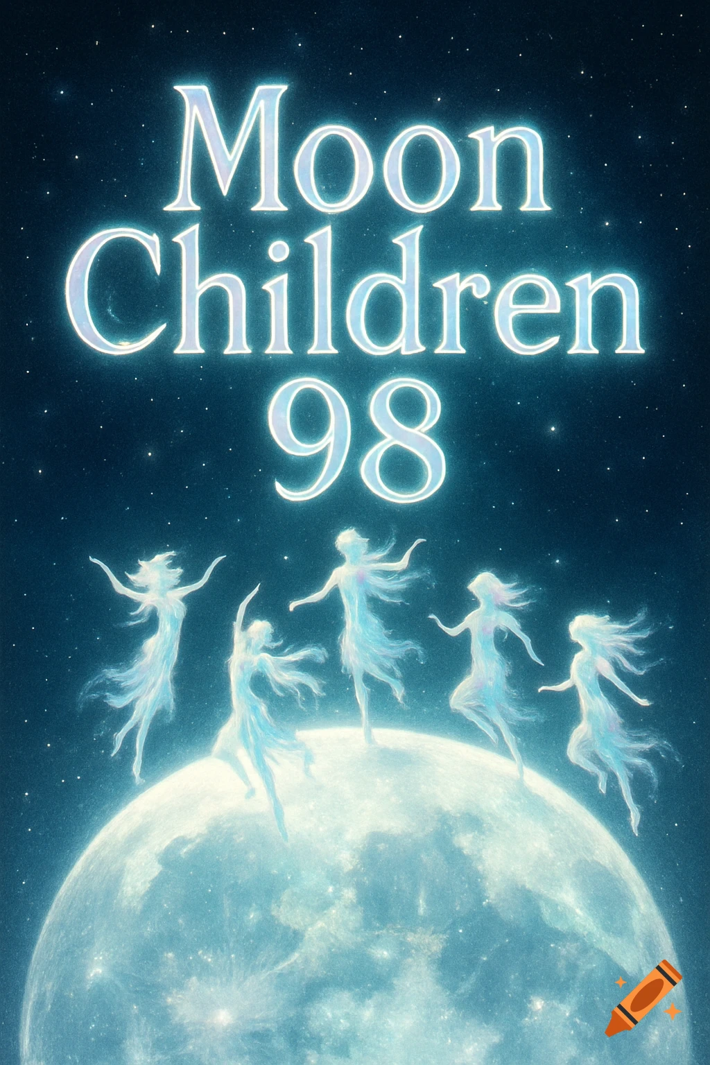 Ethereal figures dance on a glowing full moon against a starry sky with the text 'Moon Children 98'.