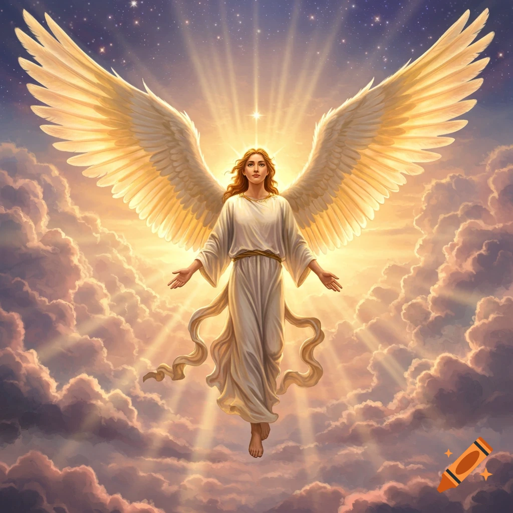 A beautiful, bright angel with large golden-white wings floats amidst glowing clouds and rays of light in a celestial sky.