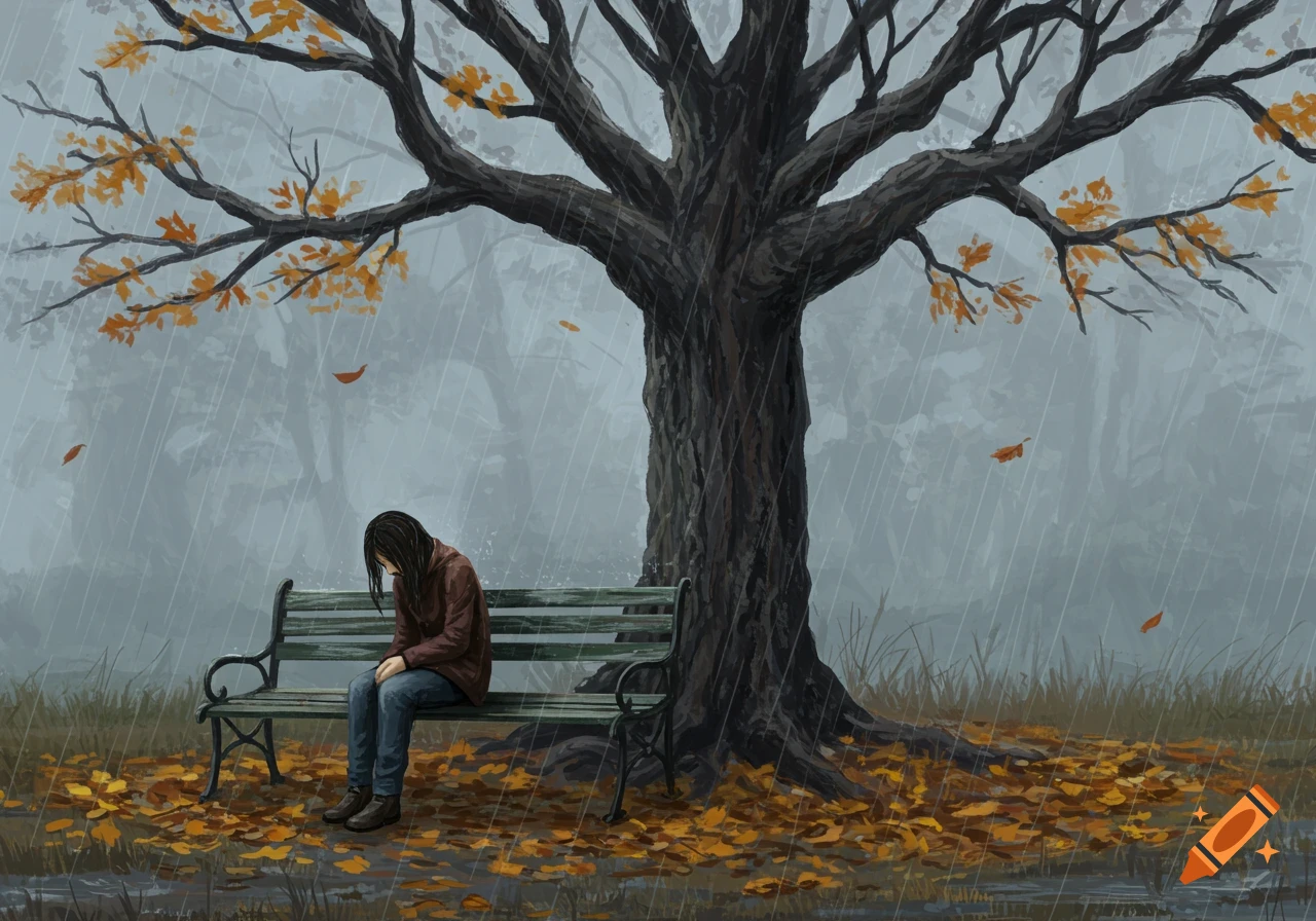 An illustration of a sad person sitting alone on a park bench under a large tree in the rain, surrounded by autumn leaves.
