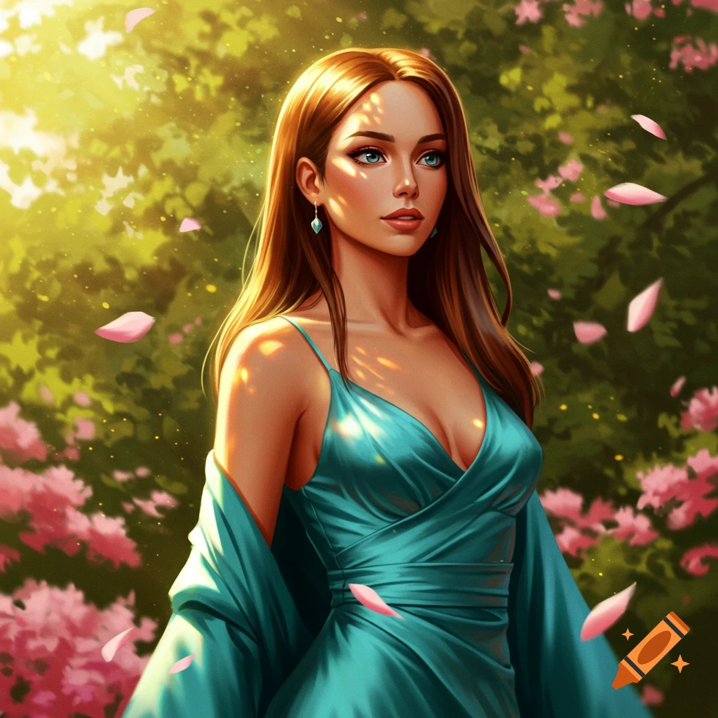 A beautiful woman in a teal dress stands in a sunny garden with pink flowers and falling petals, digital painting.