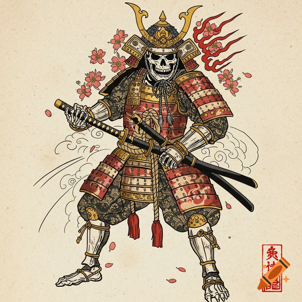 A stylized illustration of a skeletal samurai in full traditional Japanese armor, holding two katanas, with cherry blossoms and red flames in the background. The art style mimics a traditional Japanese tattoo stencil.