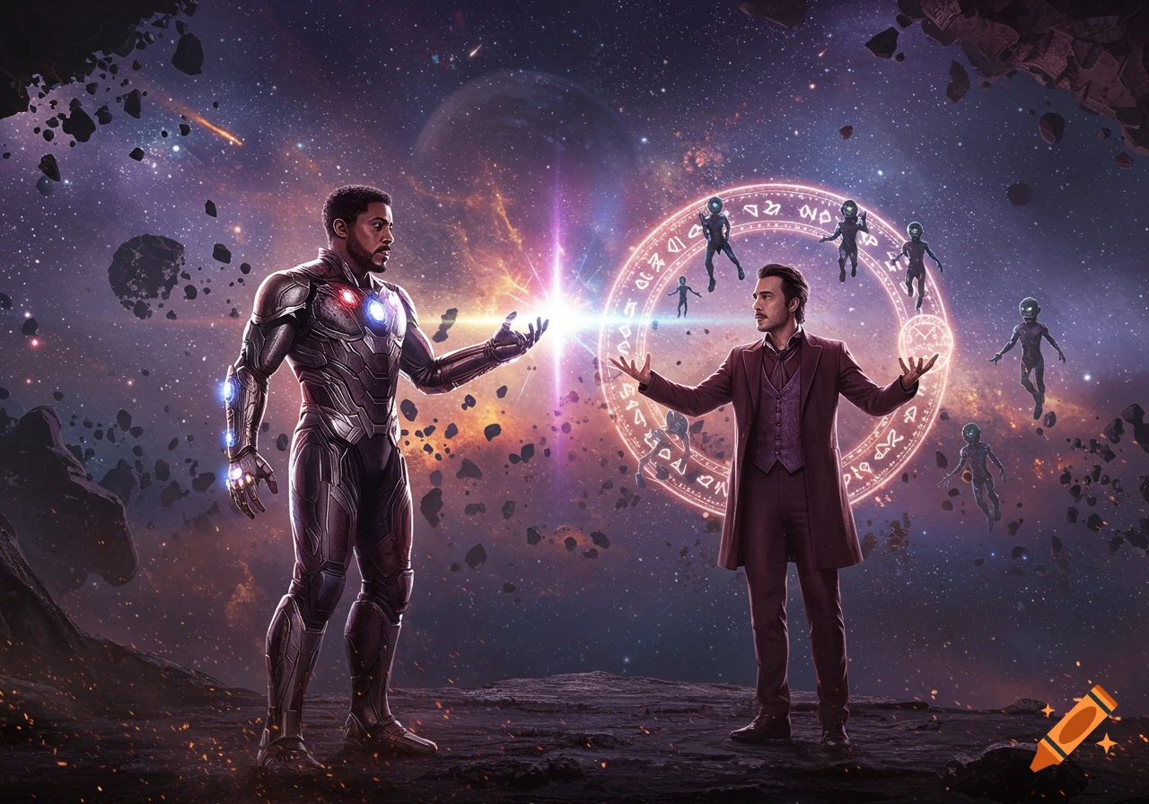 Two men, one in glowing armor and one in a suit, face off with magic and power in a cosmic landscape with asteroids and nebulae.
