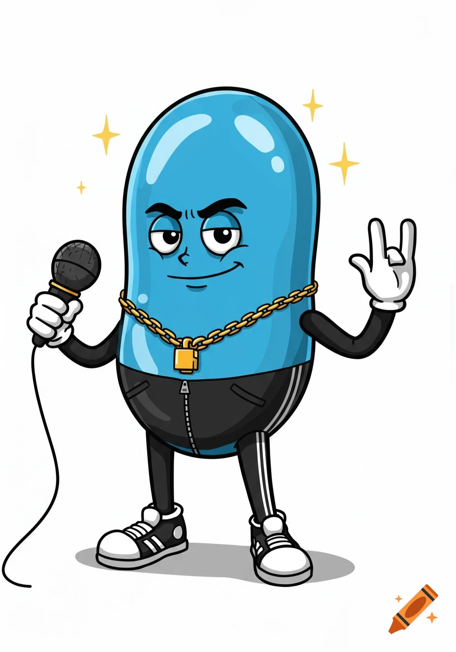A cartoon blue capsule character with big eyes, white gloves, and sneakers, wearing a black tracksuit and gold chain, holding a microphone and making a rock-on gesture.