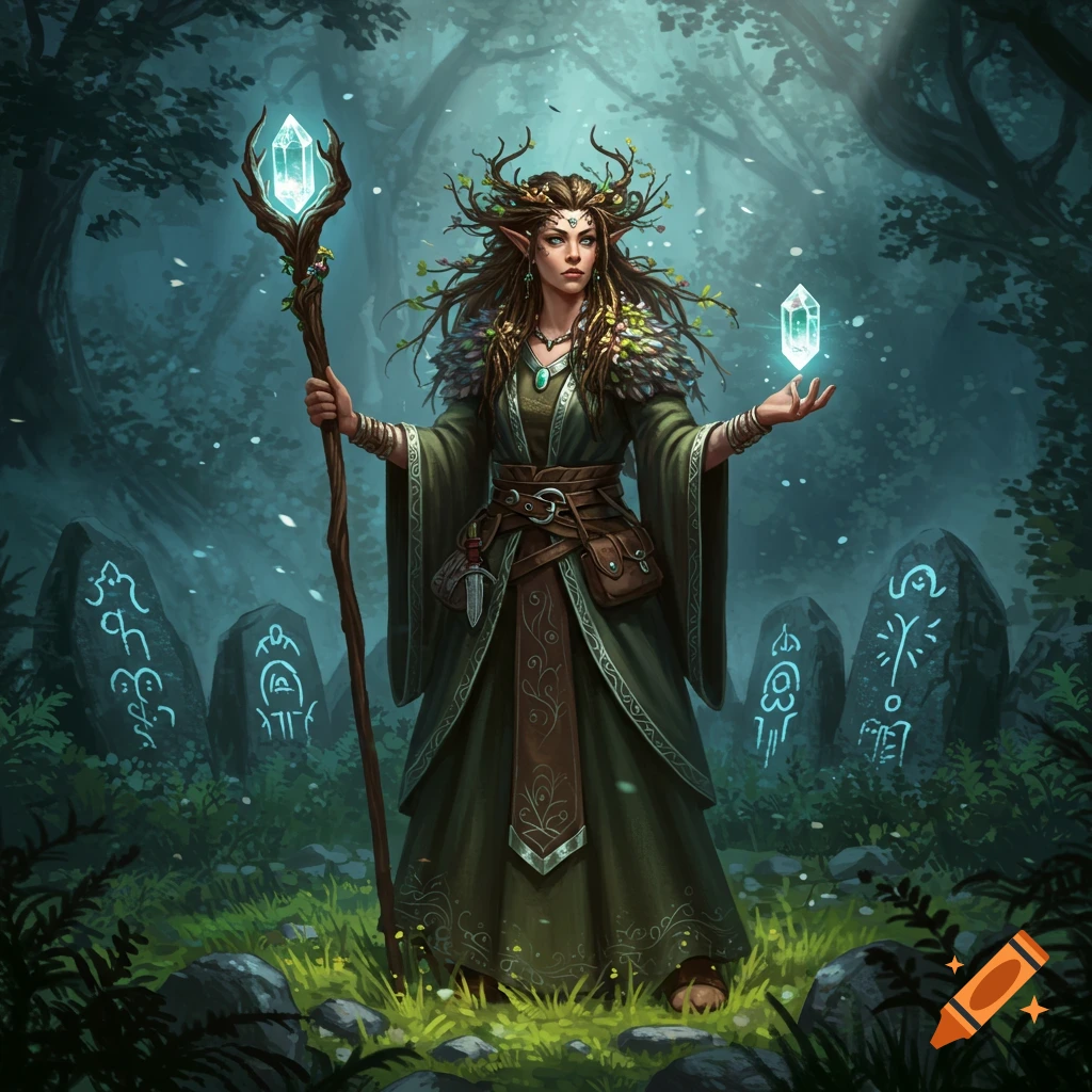 A mystical druidess in a dark forest holding a glowing crystal staff and manifesting a floating crystal, surrounded by runic stones.