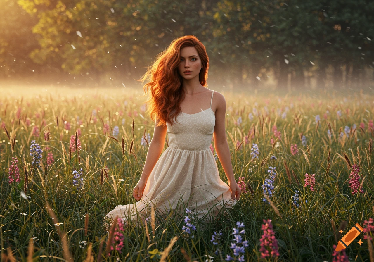A woman with long red hair in a white dress stands in a vibrant field of wildflowers bathed in golden sunlight, looking directly at the viewer.